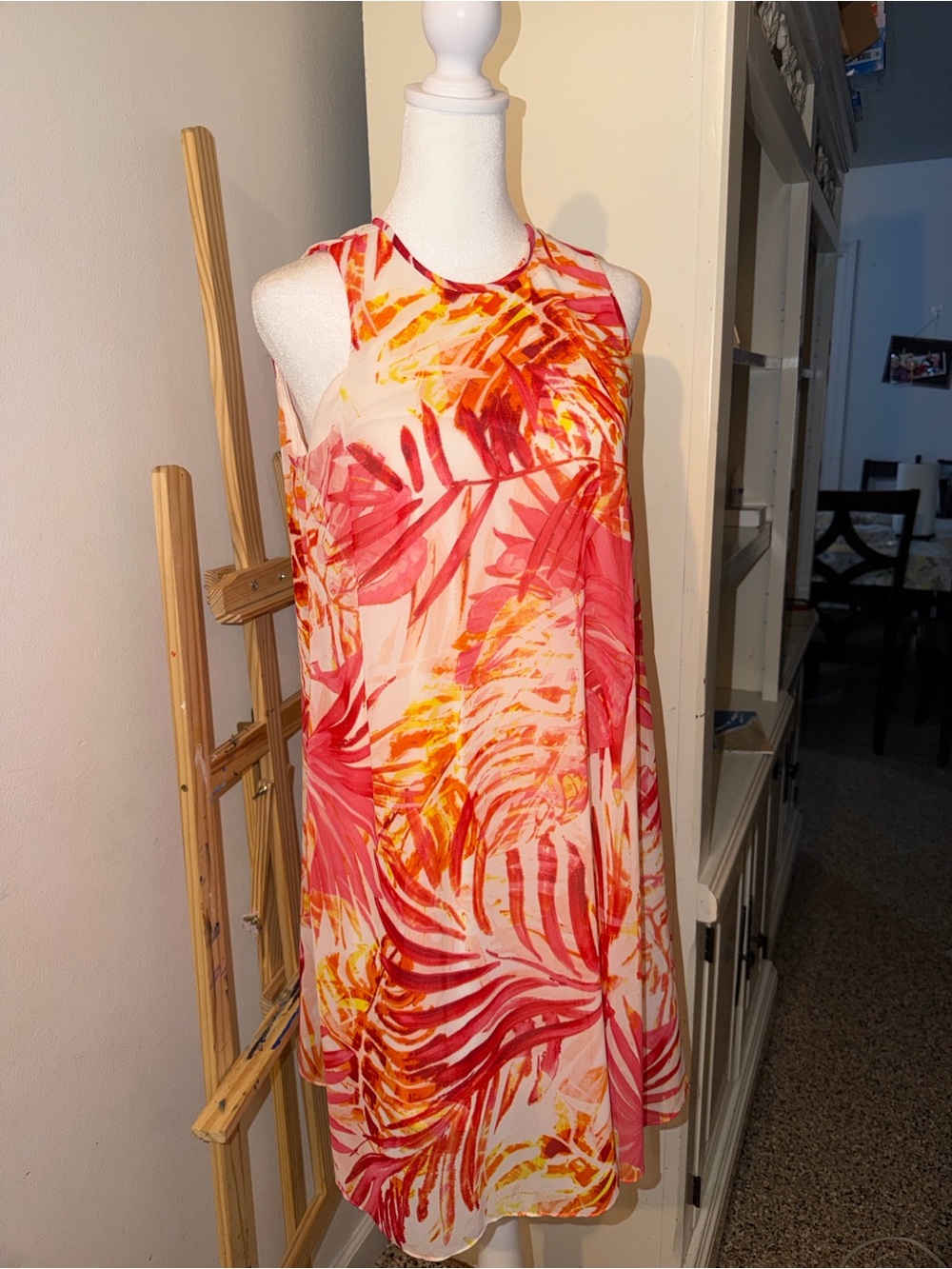 Calvin Klein Sleeveless Tropical Print Mini Dress in Pink and Coral